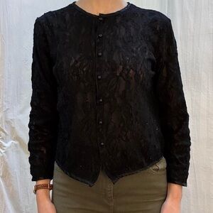 Black Lace Button-Up Blouse Cardigan Vintage 80s Whimsygoth Victorian